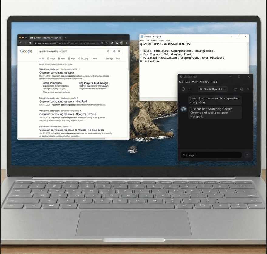 Nucleus Bot researching quantum computing — Chrome search open, notes in Notepad